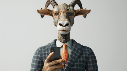 A goat wearing glasses and a suit holding a cell phone