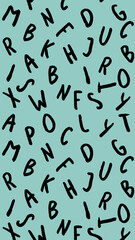template with the image of keyboard symbols. set of letters. Surface template. pastel green blue background. Vertical image.