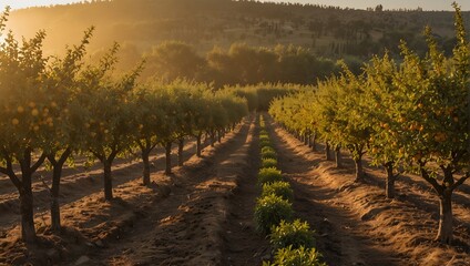 Fototapeta premium A panoramic view of an orchard with rows of fruit trees, bathed in golden sunrise light Generative AI