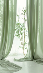Soft green curtains with gentle ripples catching the light, overlaid by the shadows of delicate bamboo leaves
