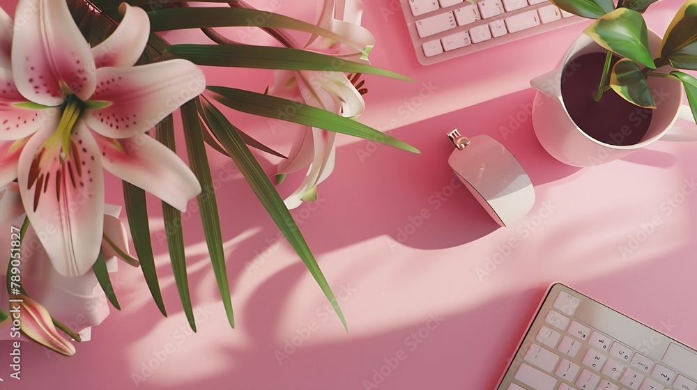 Aufkleber office table desk with computer bouquet lilies clipboard magazines social media top view flat lay ho