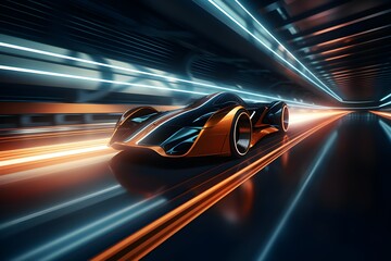 Futuristic sports car on a neon highway. Powerful acceleration of a supercar on a night track with...
