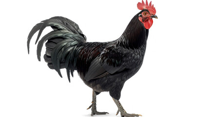 full body black rooster isolated on white background - obrazy, fototapety, plakaty