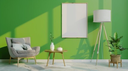 Green living room wall background with grey decorative chair lamp frame middle table and poster style : Generative AI