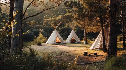 Luxurious glamping with teepee camping tents in a wooded area.