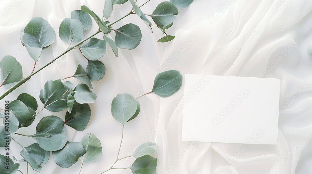Aufkleber Feminine wedding desktop mockup with blank paper card and Eucalyptus populus branch on  white shabby table background Empty space Styled stock photo web banner Flat lay top view : Generative AI