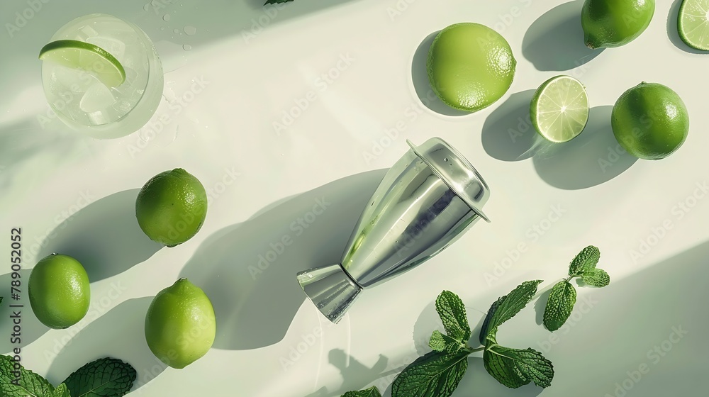 Poster Flat lay composition with lime mint and shaker on light background Refreshing beverage ingredients : Generative AI