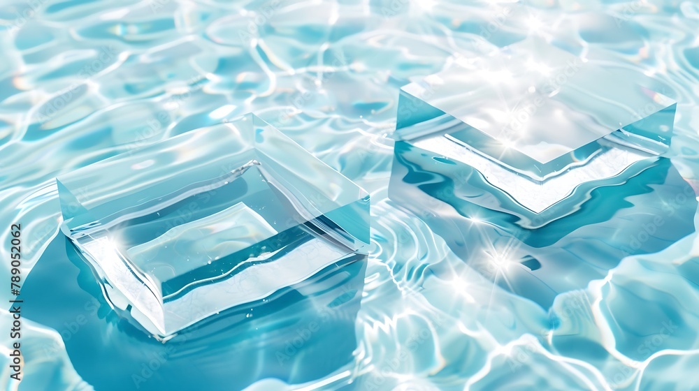 Poster two empty clear glass square podiums on blue transparent calm water texture with waves in sunlight a