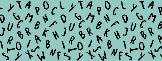 template with the image of keyboard symbols. set of letters. Surface template. pastel green blue background. Horizontal image. Banner for insertion into site.