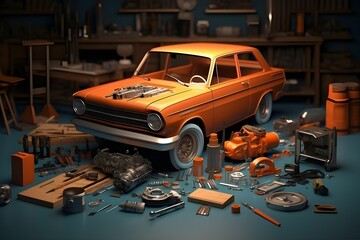 Auto repair shop with orange retro car and many spare parts, generated by AI. 3D illustration