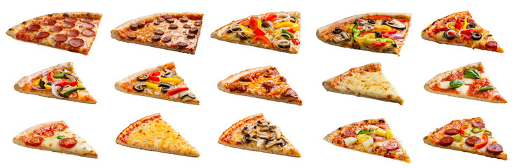 Assorted 12 Pizza Slices Variety on a Isolated White Background - Stock Photo - Margherita, Pepperoni, Hawaiian, Meat Lover's, Vegetarian, BBQ Chicken, Buffalo Chicken, Four Cheese, Mushroom