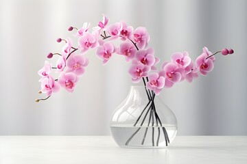 Transparent vase with pink orchids on a white background, generated by AI. 3D illustration