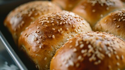 Close up shot homemade food baking concept Fresh hot soft fluffy ginger golden brown sesame seeds buns pie bread dessert pastry in loaf pan Bakery products image with copy space : Generative AI