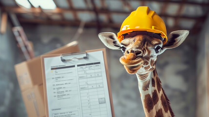 A giraffe wearing a yellow work helmet is looking at a clipboard. The giraffe is building and is...