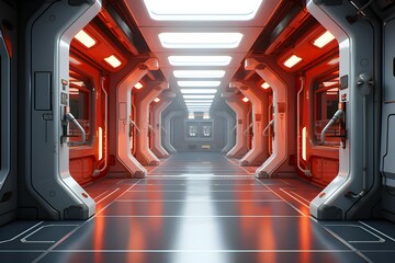G ray and red interior of a spaceship with lighting in perspective, generated by AI, 3d illustration