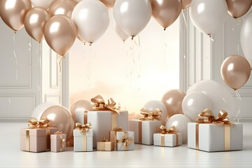 3d rendering of promotion sale with gifts and balloon on minimal Gold White background,  generated by AI. 3d illustration