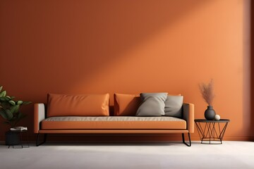 modern interior design for 3 poster frames in living room with orange sofa, vase and floor lamp, generated by AI. 3d illustration