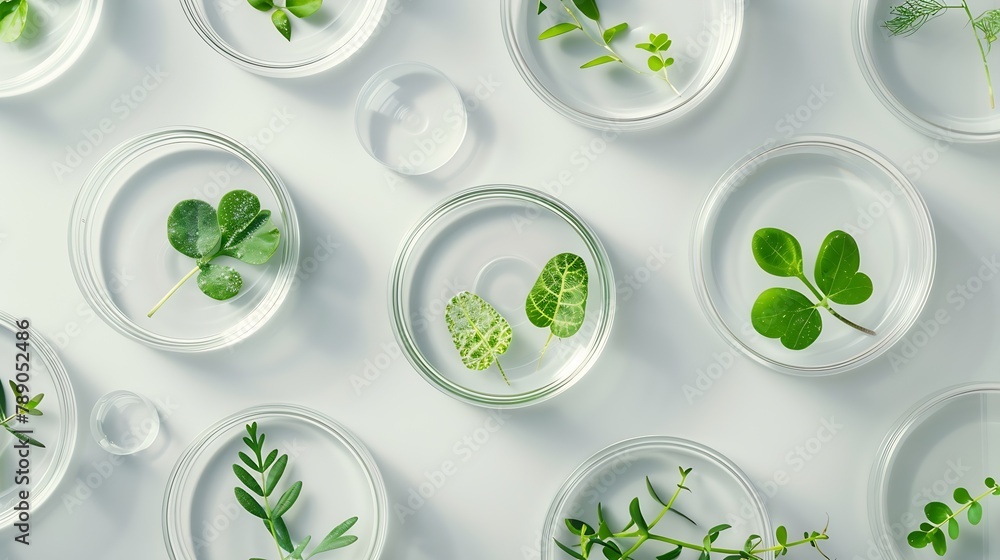 Poster flat lay composition with petri dishes and plants on light grey background : generative ai