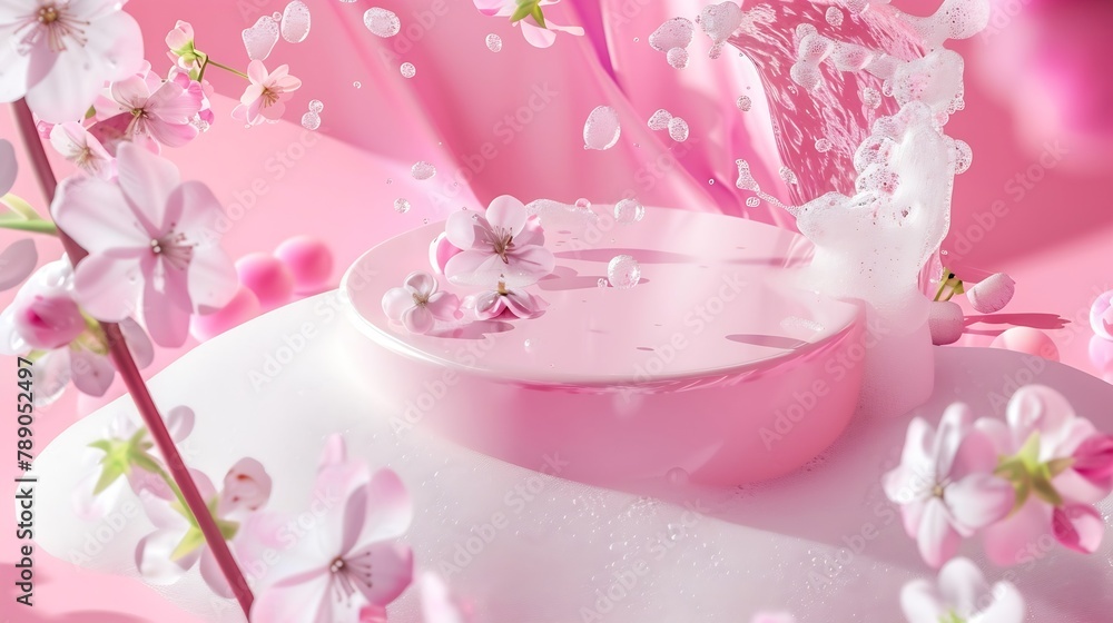 Aufkleber texture with splashes foam and bubbles with pink podium and flowers trendy abstract spring summer na