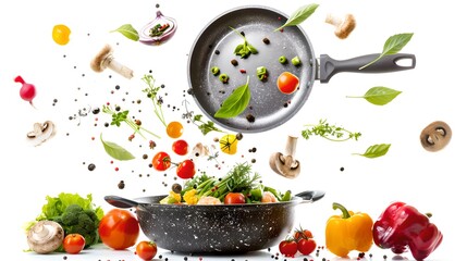 Fresh vegetables and spices flying into a pan on a white background. Vibrant cooking concept. Perfect for culinary design. High-speed photography. AI