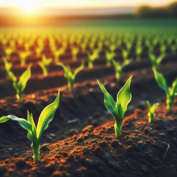 Springtime cornfield with new green shoots in soft focus. Young green corn seedling sprouts are developing on a farm. Agricultural landscape with soil-based corn shoots, generative AI.