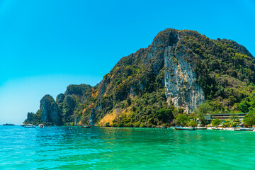 Large rock cliffs covered with green trees face directly to the vast Andaman Sea. The view of rock cliffs and the ocean is an icon of tropical tourism on Phi-phi Island in Thailand - Powered by Adobe