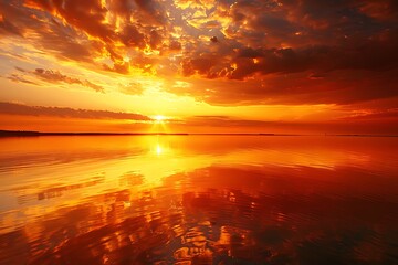 Fiery sunset over lake surface .