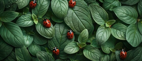 Ladybugs crawling on green leaves - obrazy, fototapety, plakaty