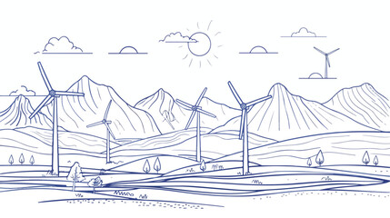 Wind turbines outline vector illustration. Blue linea
