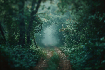 Misty Forest Path at Twilight With Lush Green Foliage and Soft Lighting