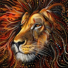 AI generated illustration of a lion painted in aboriginal style