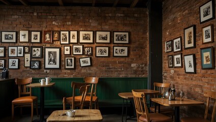 A boutique café's brick wall, embellished with local artists' paintings and vintage, framed coffee advertisements Generative AI