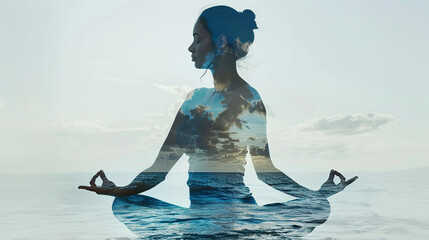 Double exposure of woman meditating in lotus pose and sea landscape. - obrazy, fototapety, plakaty