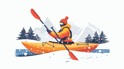 Winter kayaking. Person travels outdoors sitting in background
