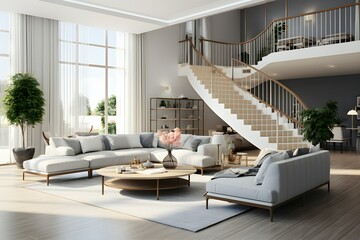  Modern interior design of a home, office, interior details, upholstered furniture against the background of the staircase to the second floor,, generated by AI. 3D illustration