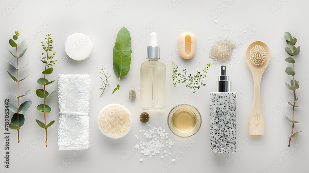 Aufkleber flat lay composition with different spa products on white background : generative ai