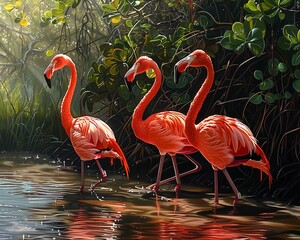 Flamingos wading in shallow waters