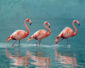 Flamingos wading in shallow waters