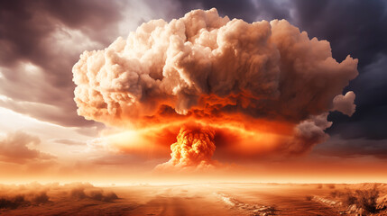Nuclear War. Explosion nuclear bomb. Nuclear bomb explosion in nuclear war. Explosion of a nuclear bomb with a mushroom cloud. Nuclear war apocalypse concept	