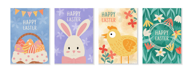 Easter watercolor. Spring card design with flower and bunny. Cute illustration rabbit, postcard with colorful egg. Background greeting, animal and floral poster, invitation bridal. Vector garish set