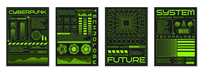 Grid poster. Abstract neon green elements, space technology. Futuristic design planet, retro HUD cyberpunk style. Techno cyber, retrofuturistic synthwave background punk. Vector garish flyer template