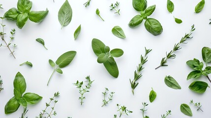 Fresh green basil and thyme herbs scattered on white background. Perfect for culinary design. Vibrant colors, natural layout. AI - obrazy, fototapety, plakaty