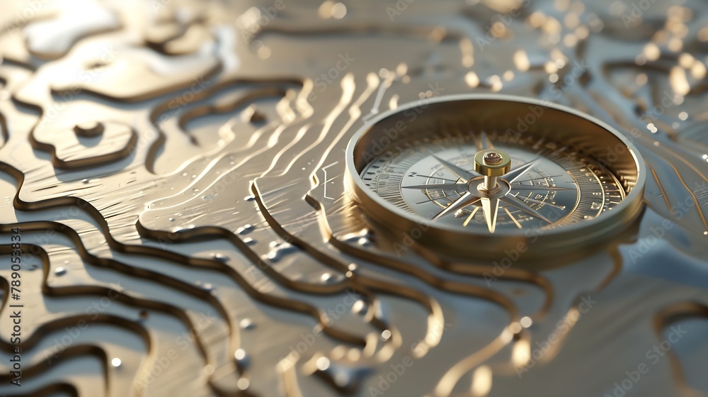 Poster topographical map showing contour lines with classic compass laid on top flat lay : generative ai