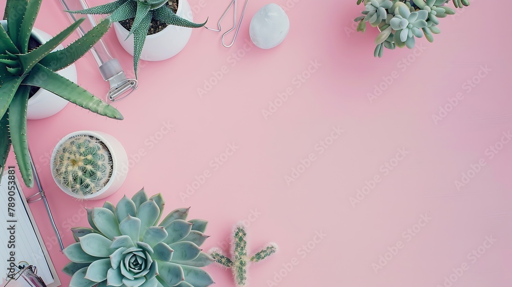Poster top view flat lay of workspace desk styled design office supplies and cactuses succulents with copy 
