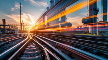 Fototapeta na wymiar Dynamic Industrial Sunset with Blurred Motion Trails on Railway. Vivid Colors, Fast-Paced Urban Scene. Capturing the Rush of Time. AI