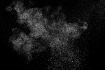 White texture on black background. Dark textured pattern. Abstract dust overlay. Light powder explosion.	