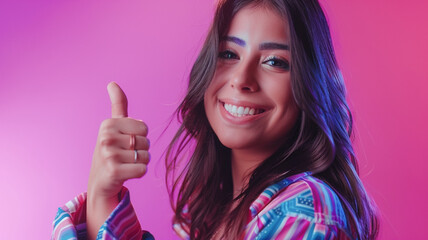 Young hispanic woman isolated on purple background giving a thumbs up gesture and smiling at camera.

 - obrazy, fototapety, plakaty