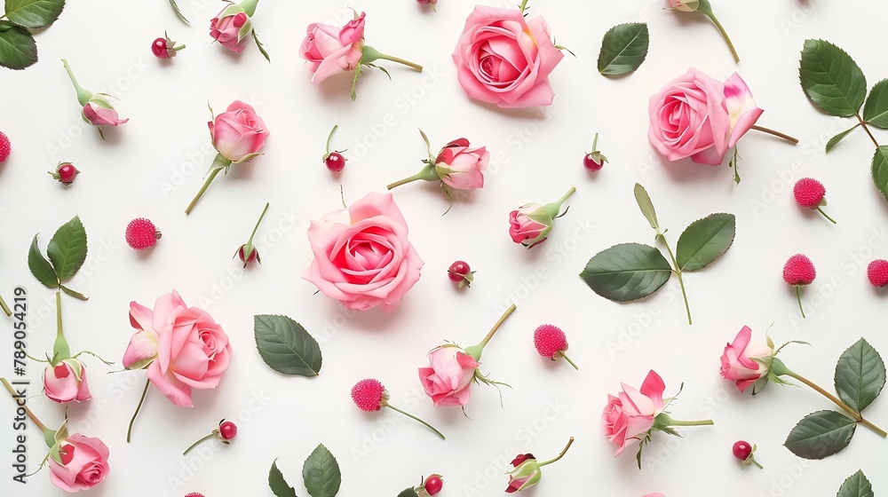 Poster Decorative pattern with pink bright roses buds and berries on white background Flat lay top view view from above : Generative AI