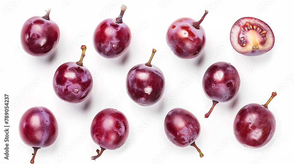 Poster Red grapes and half sliced isolated on white background Top view Flat lay Grape pattern texture background : Generative AI