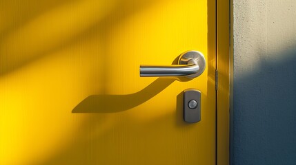Silver metal color door handle made of yellow wood home exit house interior decoration closeup : Generative AI